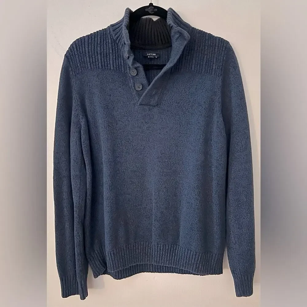 Men's Apt. 9 Onyx Blue Long‎ Sleeve Button Mock Neck Casual Sweater XL VGUC